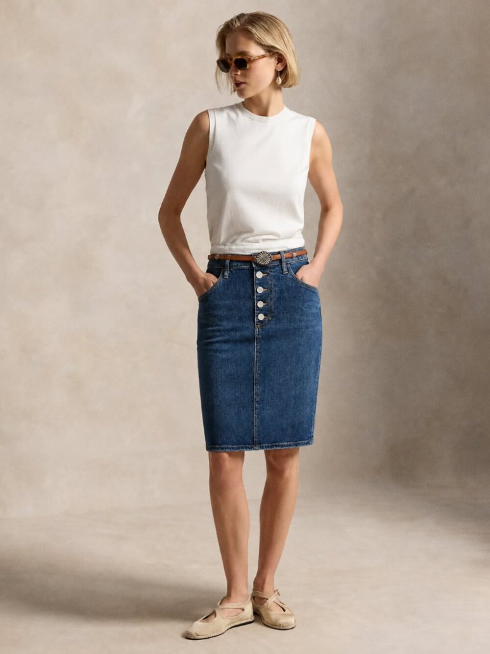 Dark Wash High Rise Denim Midi Pencil Skirt Small